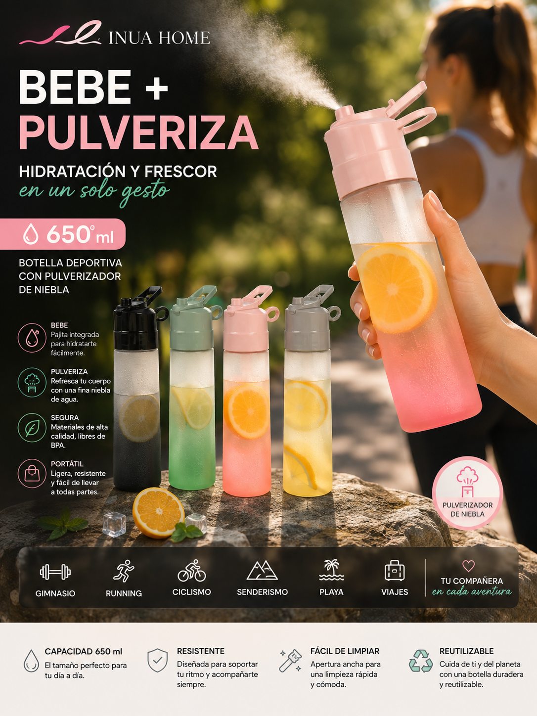 Botella Deportiva 650 ml con Pulverizador INUA