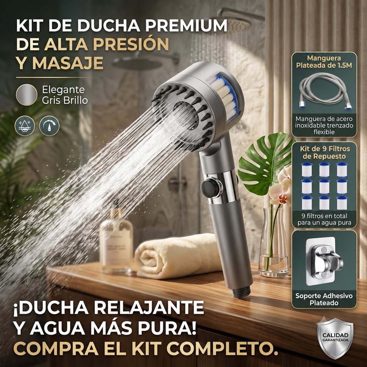 Alcachofa de ducha con filtro · 3 chorros y masaje de silicona