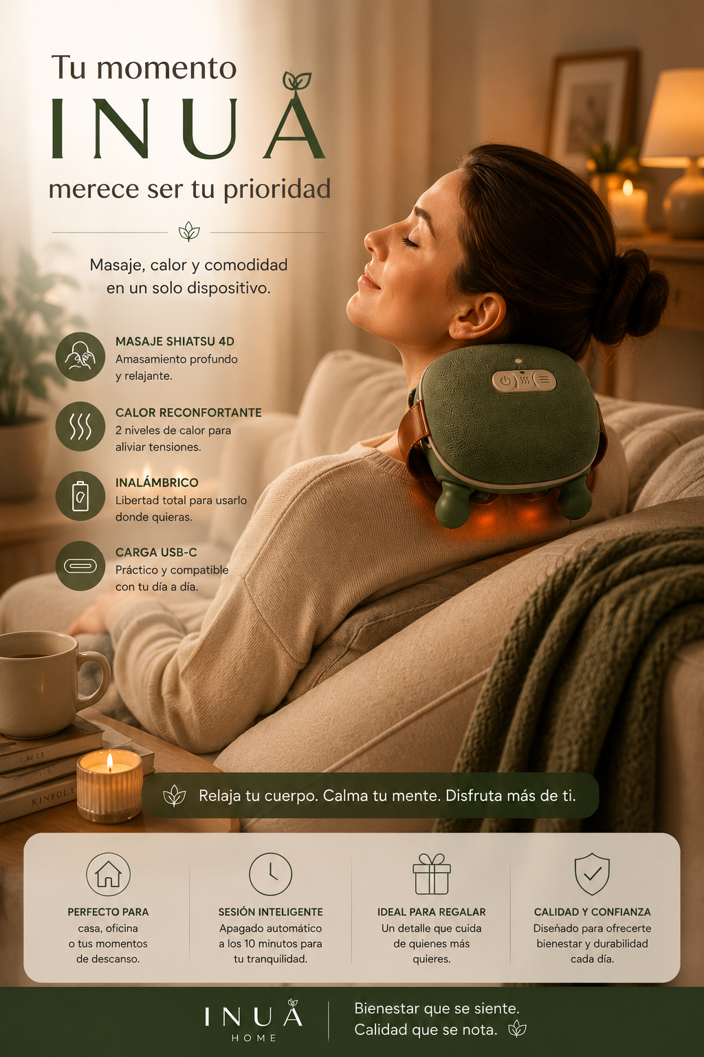 Masajeador Shiatsu 4D Inalámbrico con Calor INUA