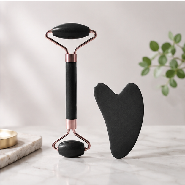 Set de Rodillo Facial + Gua Sha — Masaje Facial para Rostro, Cuello y Contorno de Ojos
