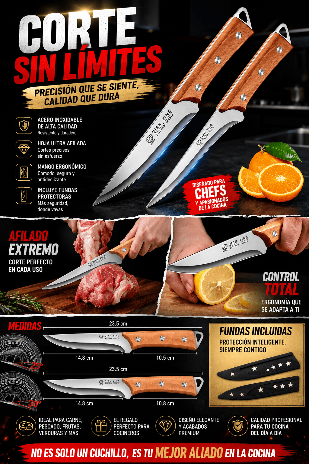 Cuchillos de Cocina Profesional de Acero Inoxidable con Funda | Ultra Afilado para Carne, Pescado, Frutas y Verduras - Inua Home