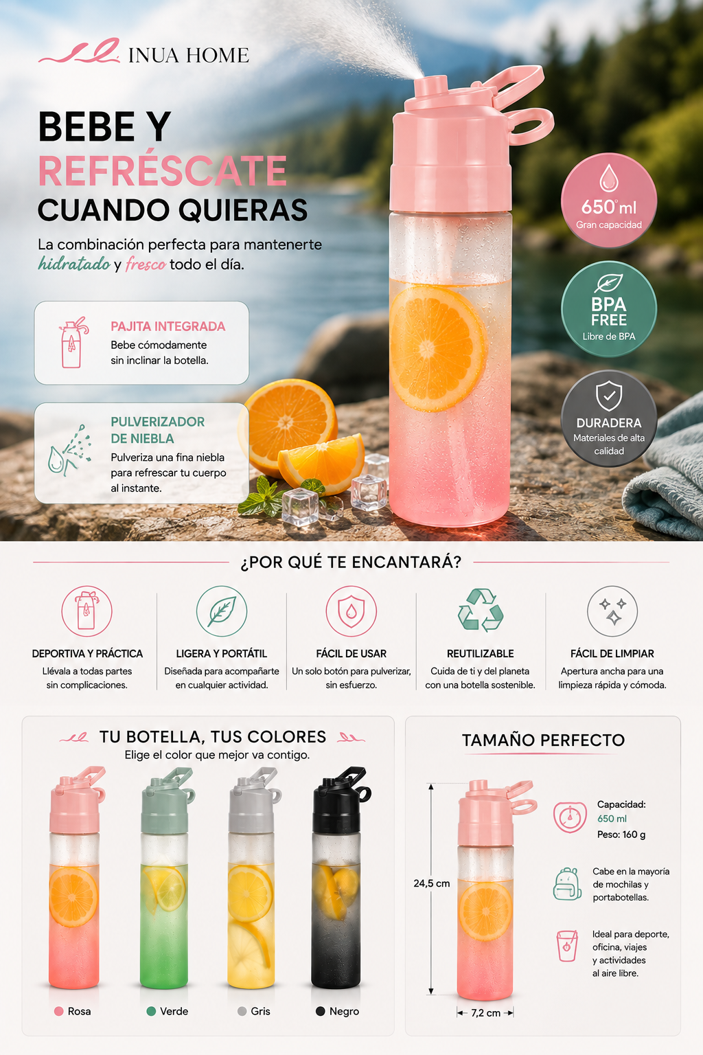 Botella Deportiva 650 ml con Pulverizador INUA