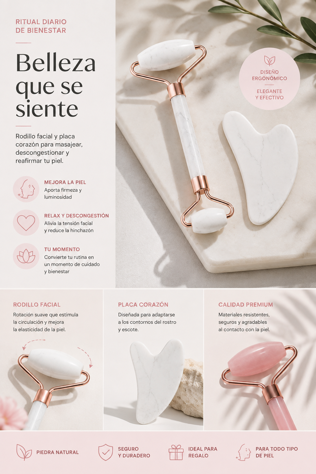 Set de Rodillo Facial + Gua Sha — Masaje Facial para Rostro, Cuello y Contorno de Ojos