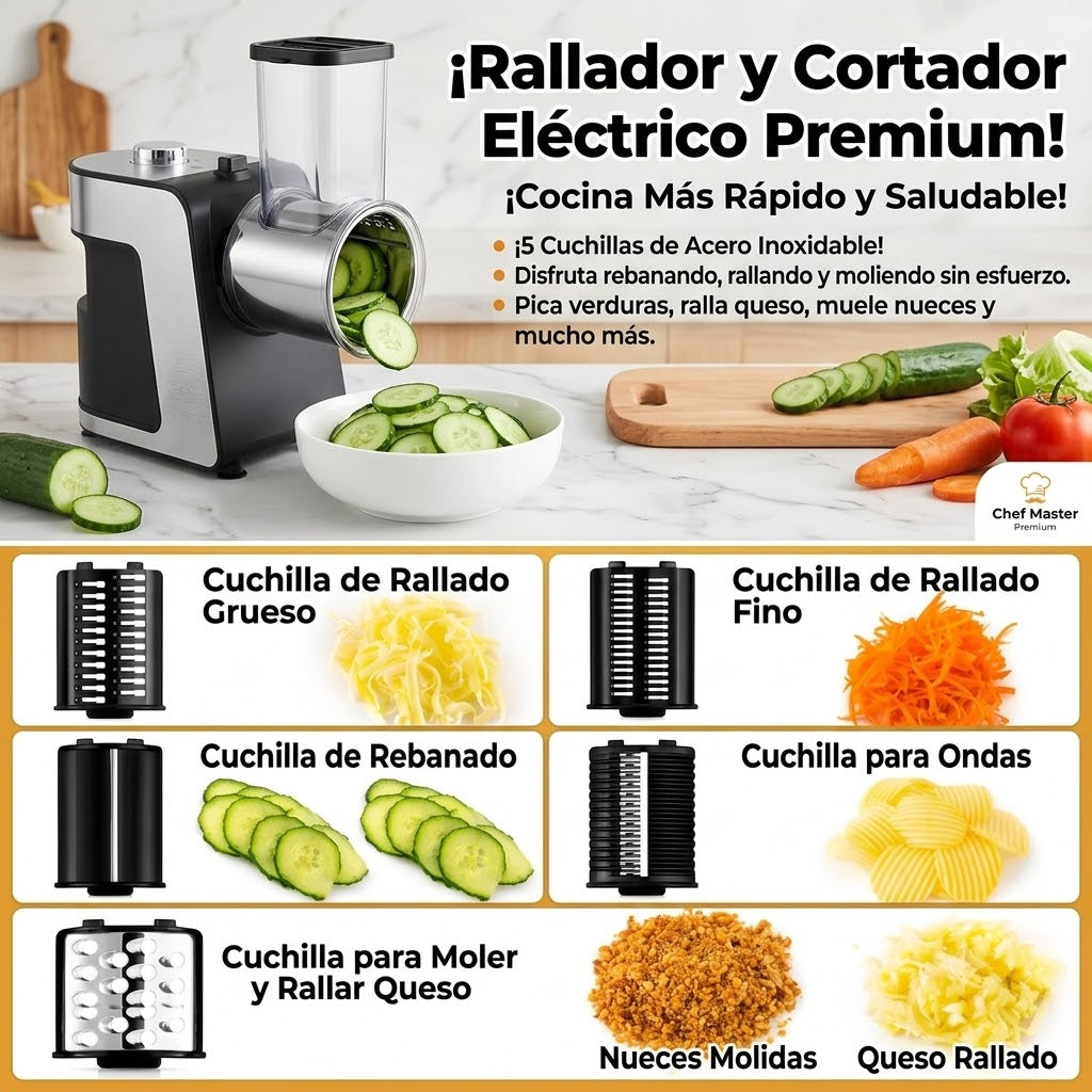 Procesador de Alimentos Eléctrico 5 en 1 — Corta, Rebana, Ralla y Tritura en Segundos
