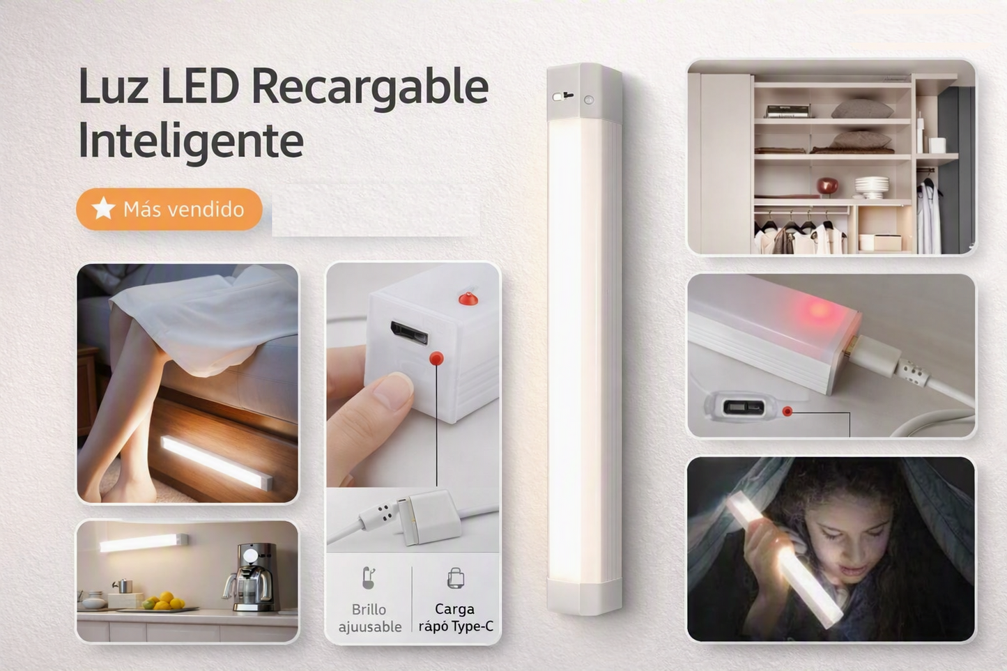 Lámpara LED con Sensor de Movimiento — Luz Nocturna Inalámbrica Recargable USB-C