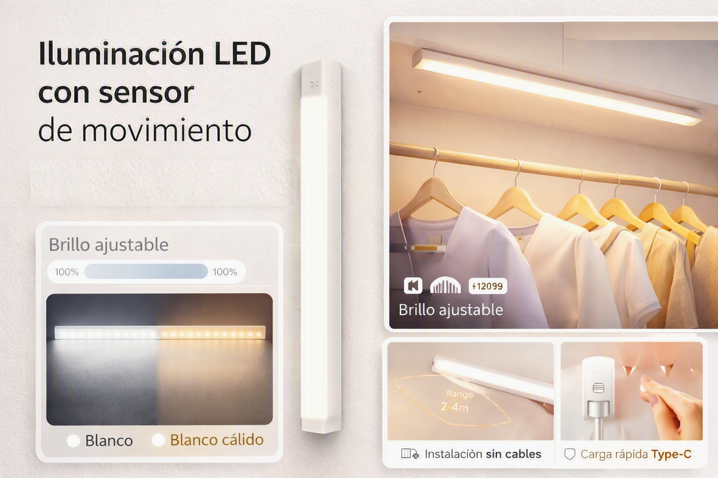 Lámpara LED con Sensor de Movimiento — Luz Nocturna Inalámbrica Recargable USB-C