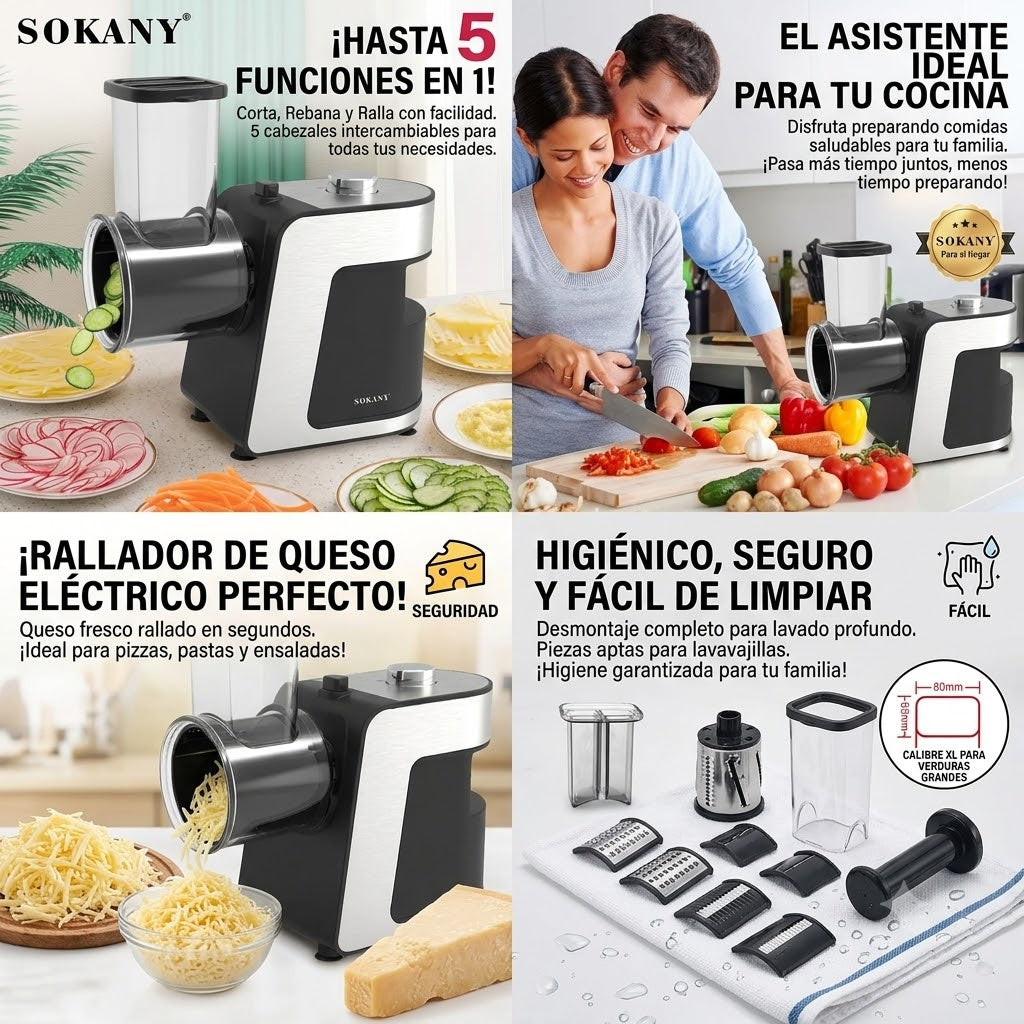 Procesador de Alimentos Eléctrico 5 en 1 — Corta, Rebana, Ralla y Tritura en Segundos