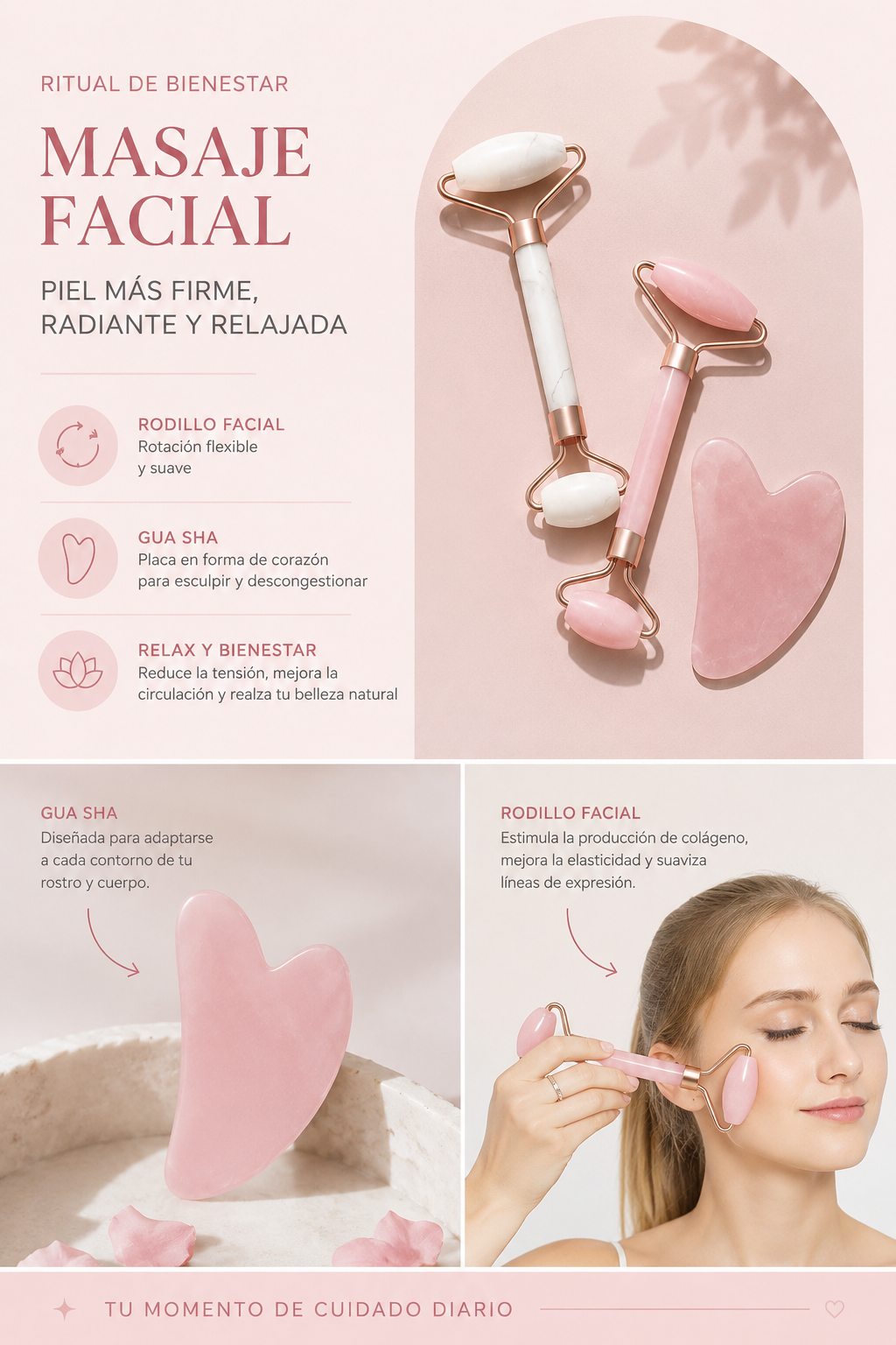 Set de Rodillo Facial + Gua Sha — Masaje Facial para Rostro, Cuello y Contorno de Ojos