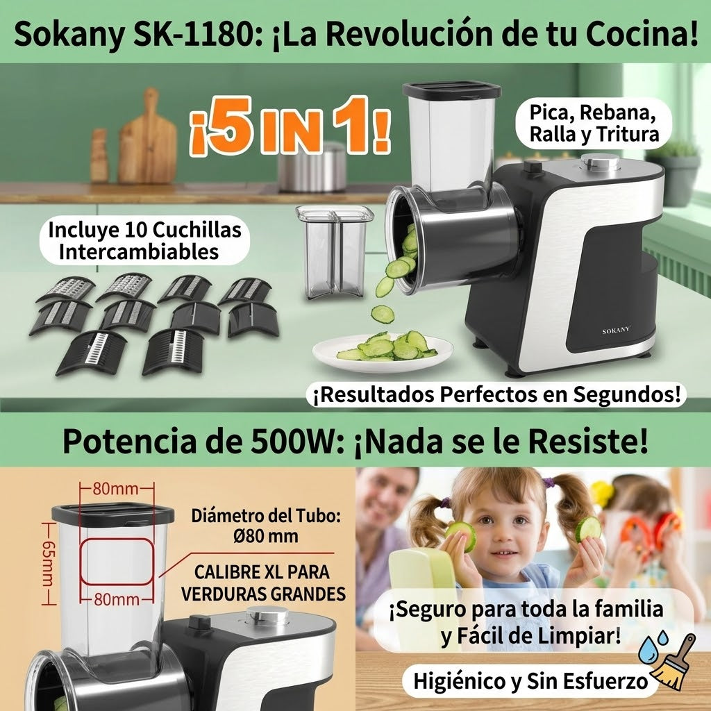 Procesador de Alimentos Eléctrico 5 en 1 — Corta, Rebana, Ralla y Tritura en Segundos