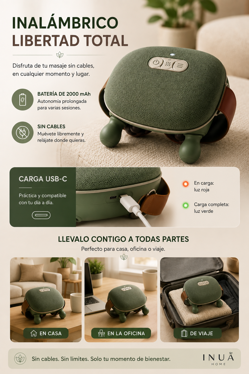 Masajeador Shiatsu 4D Inalámbrico con Calor INUA