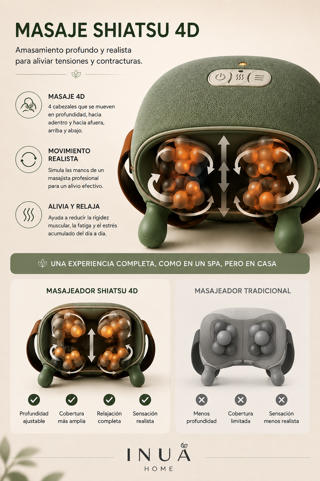 Masajeador Shiatsu 4D Inalámbrico con Calor INUA