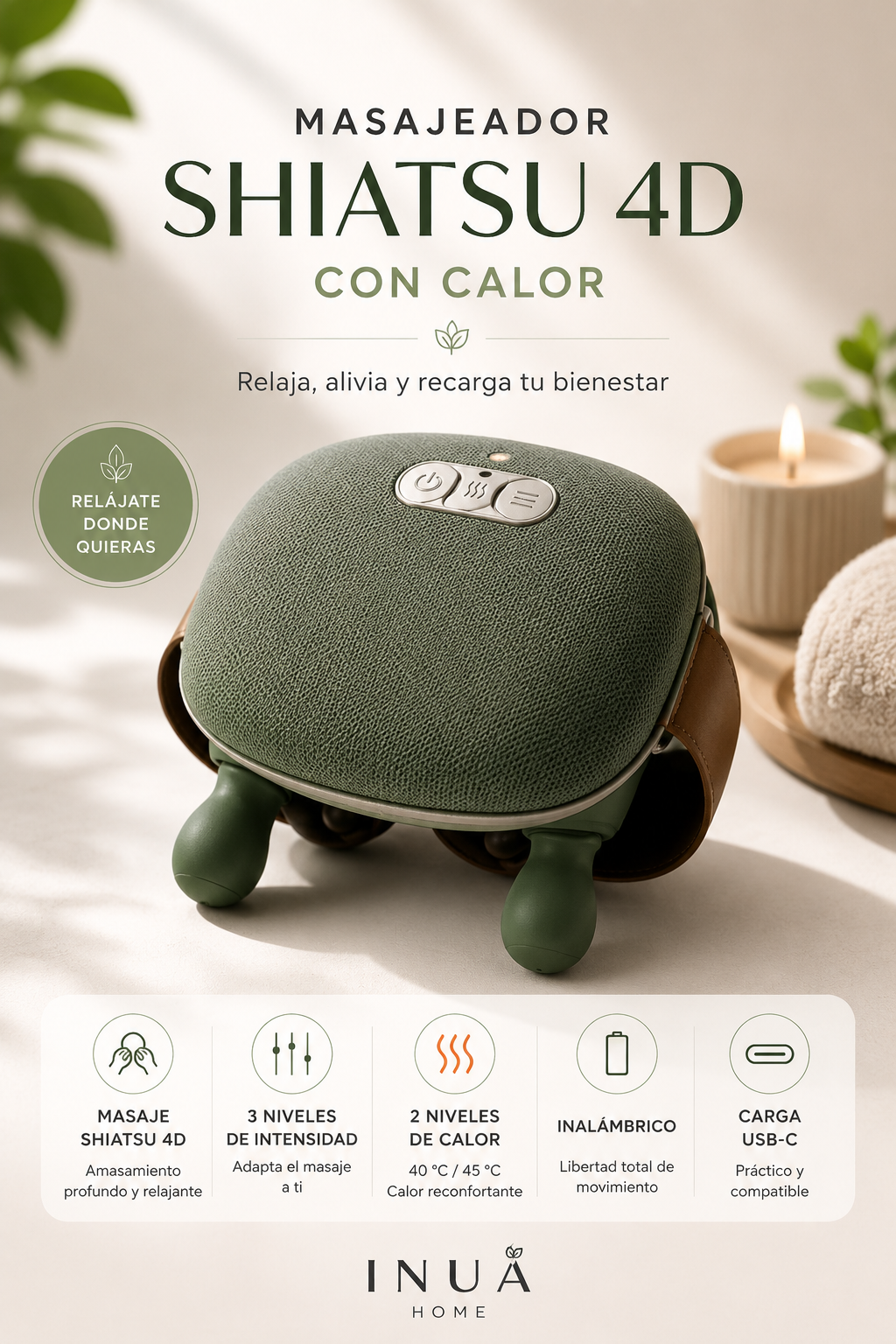 Masajeador Shiatsu 4D Inalámbrico con Calor INUA