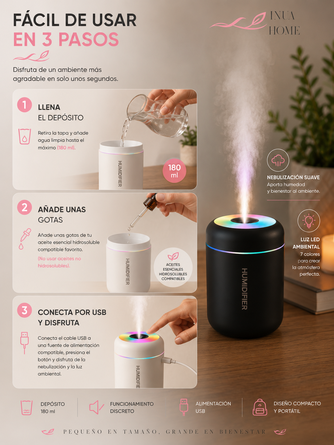Mini Humidificador y Difusor de Aromas USB INUA
