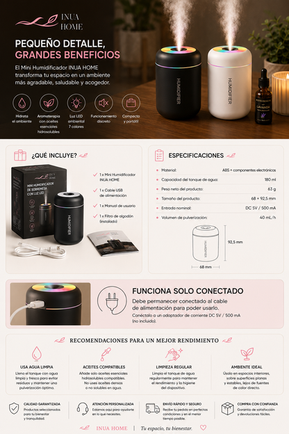 Mini Humidificador y Difusor de Aromas USB INUA