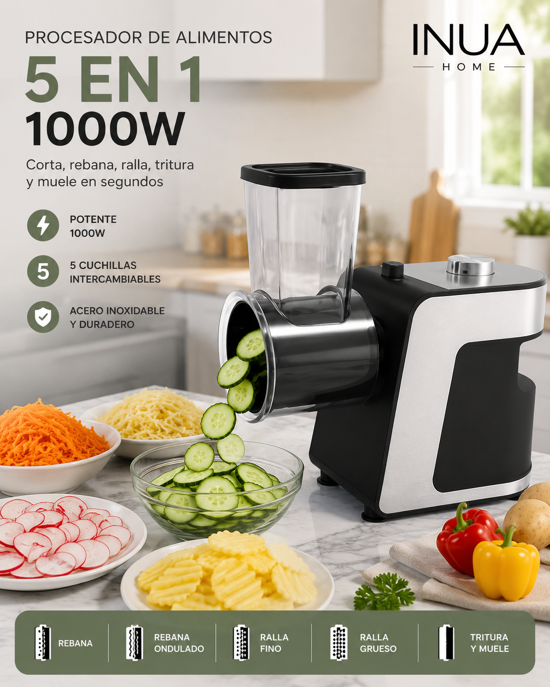 Procesador de Alimentos Eléctrico 5 en 1 1000W INUA