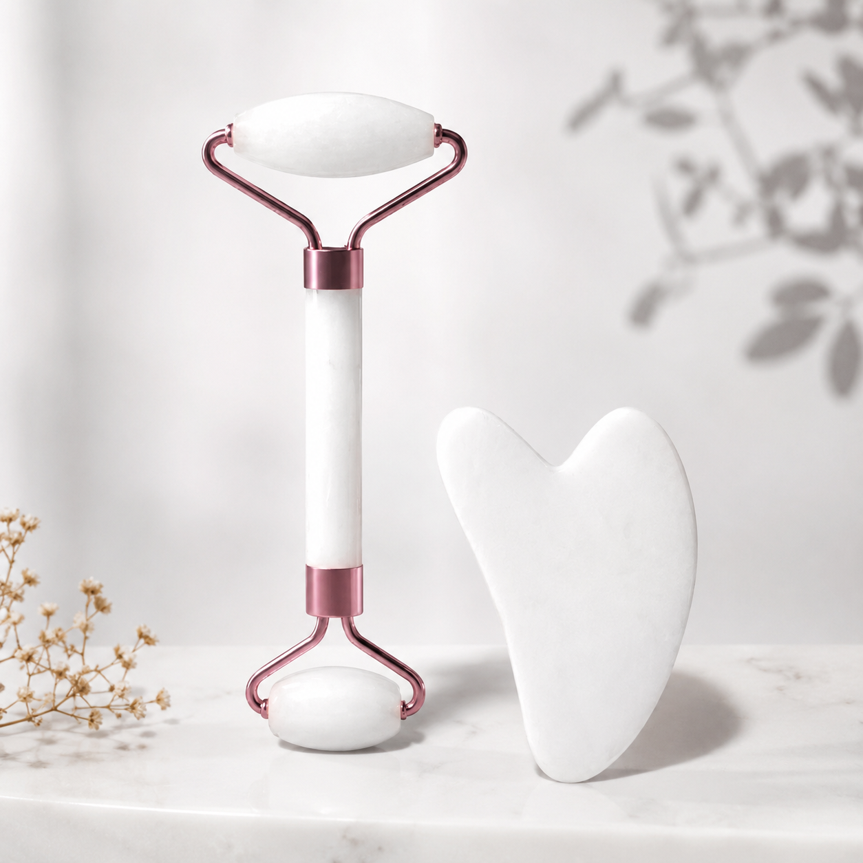Set de Rodillo Facial + Gua Sha — Masaje Facial para Rostro, Cuello y Contorno de Ojos