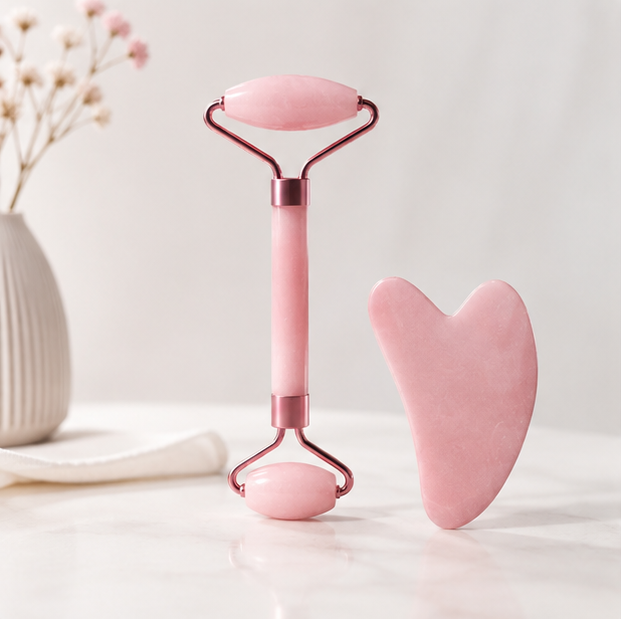 Set de Rodillo Facial + Gua Sha — Masaje Facial para Rostro, Cuello y Contorno de Ojos