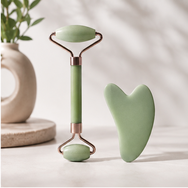 Set de Rodillo Facial + Gua Sha — Masaje Facial para Rostro, Cuello y Contorno de Ojos