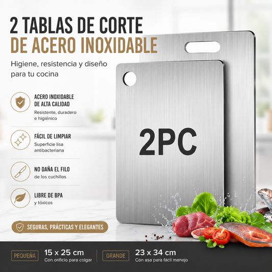 Juego de 2 Tablas de Corte de Acero Inoxidable – Antideslizantes, Resistentes y Sin BPA | Perfectas para Carne y Verduras