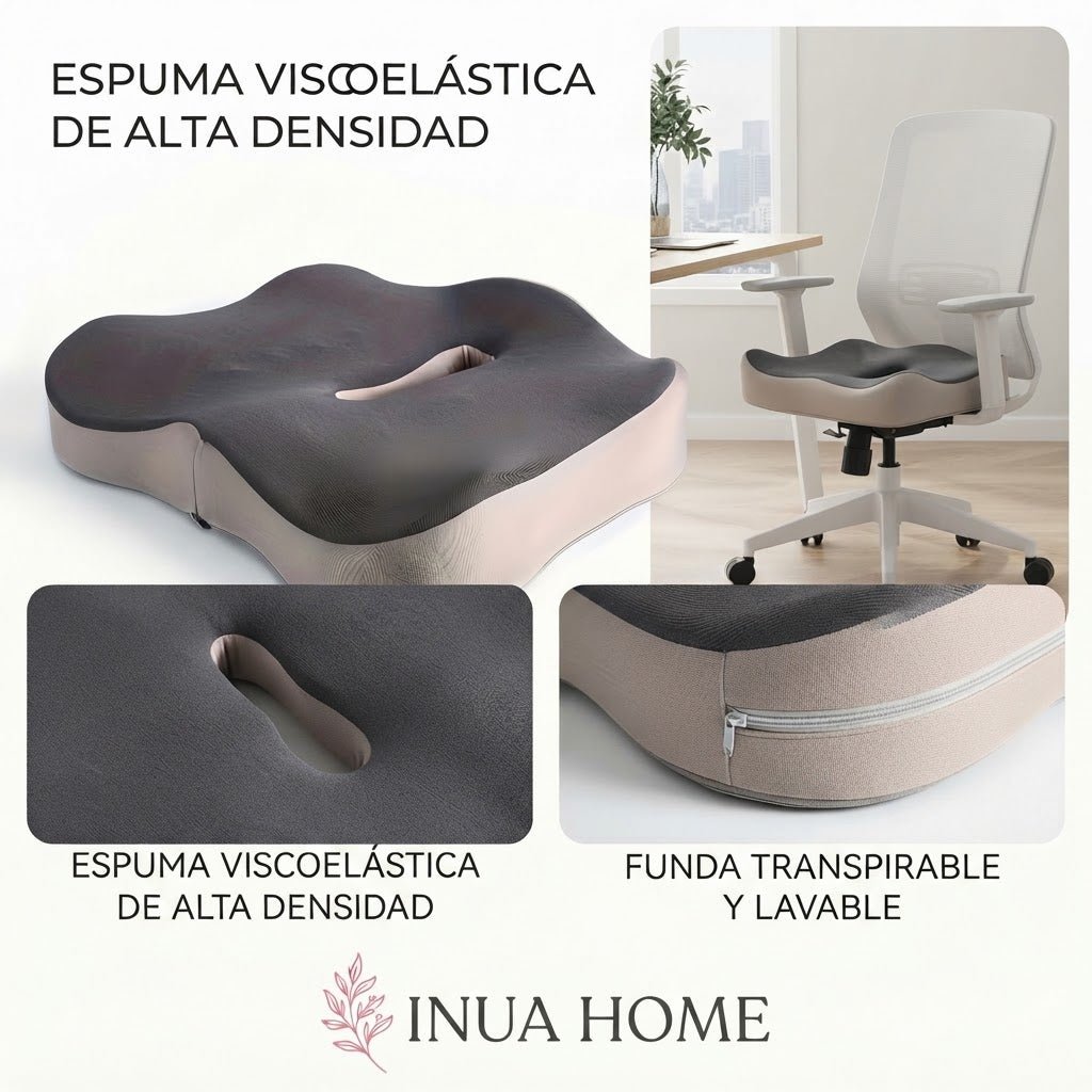 Cojín Ortopédico de Espuma Viscoelástica — Alivio para Coxis, Ciática y Dolor Lumbar | Silla, Coche y Oficina - Inua Home