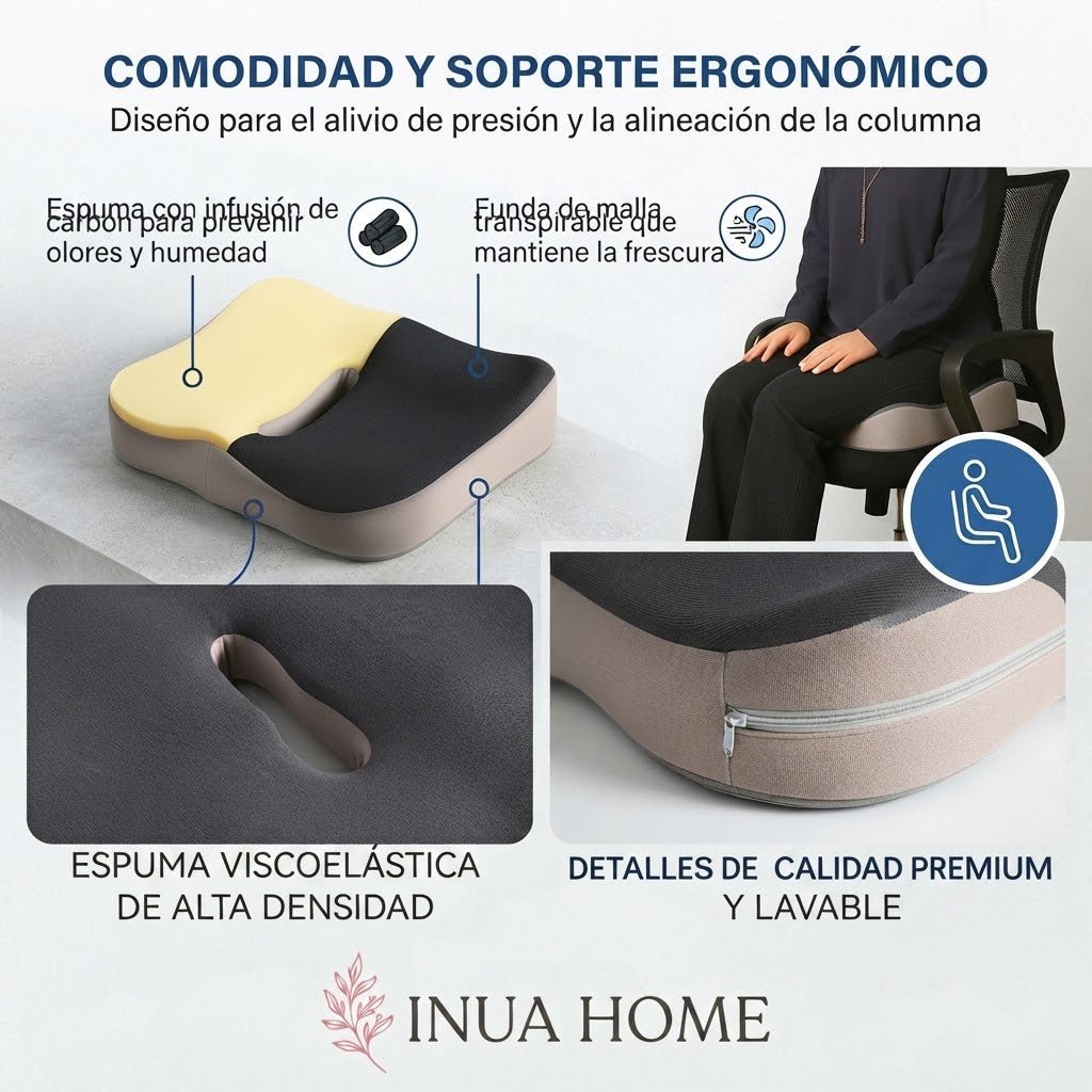 Cojín Ortopédico de Espuma Viscoelástica — Alivio para Coxis, Ciática y Dolor Lumbar | Silla, Coche y Oficina - Inua Home