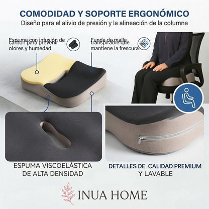 Cojín Ortopédico de Espuma Viscoelástica — Alivio para Coxis, Ciática y Dolor Lumbar | Silla, Coche y Oficina - Inua Home