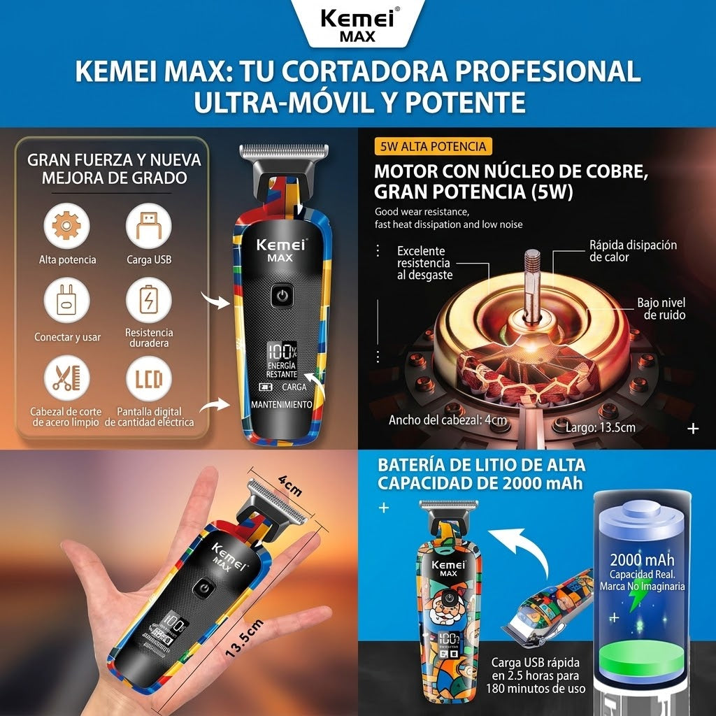 Cortadora Kemei Recargable Grafiti — Corte Profesional
