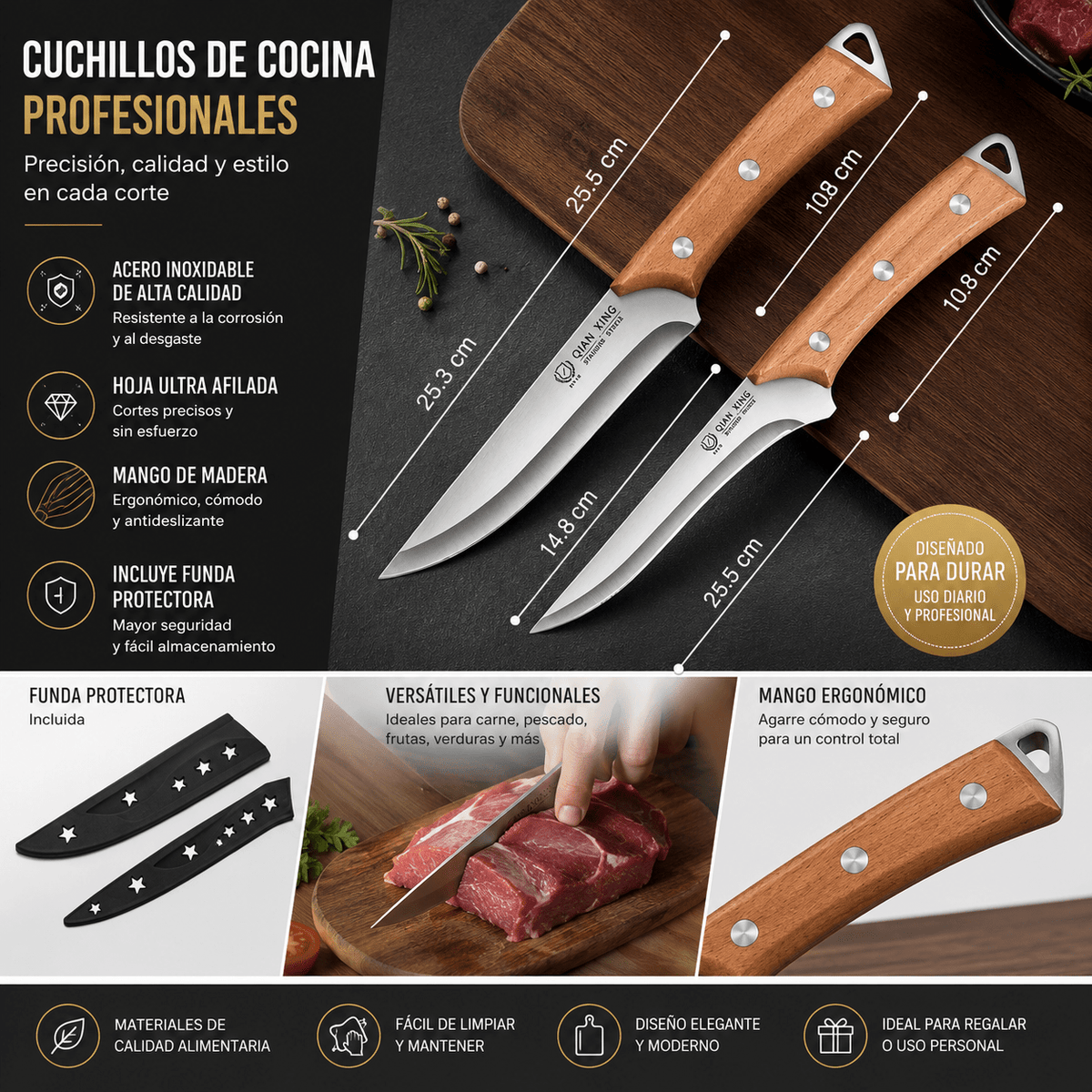 Cuchillos de Cocina Profesional de Acero Inoxidable con Funda | Ultra Afilado para Carne, Pescado, Frutas y Verduras - Inua Home