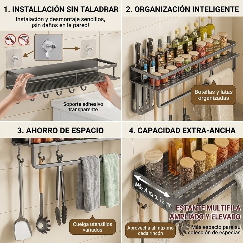 Estante Organizador de Especias de Pared — Sin Perforar, Acero al Carbono - Inua Home