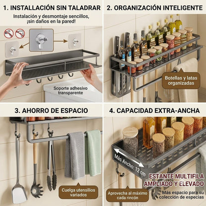 Estante Organizador de Especias de Pared — Sin Perforar, Acero al Carbono - Inua Home
