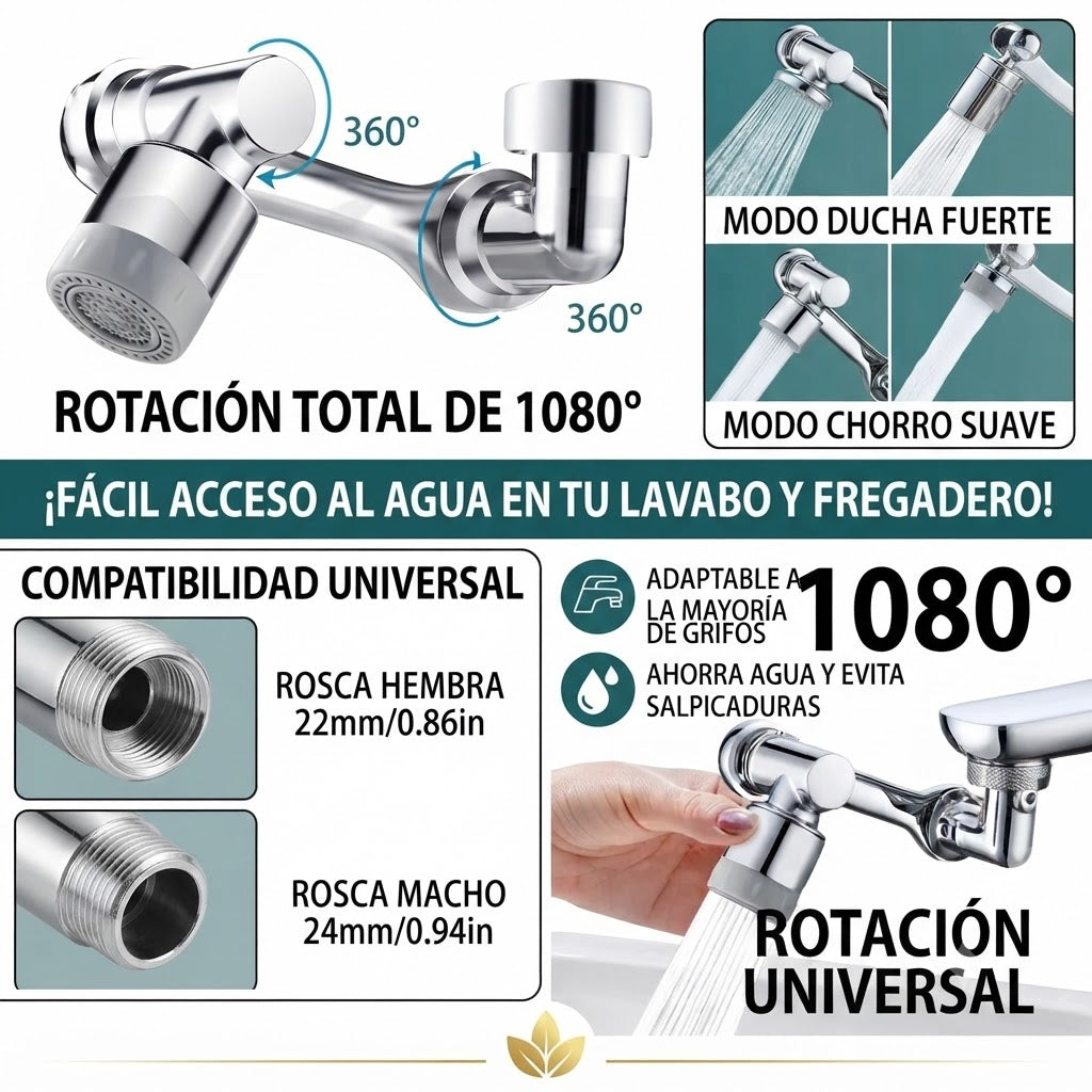 Cabezal de Grifo Giratorio 1080° | Universal y Antisalpicaduras