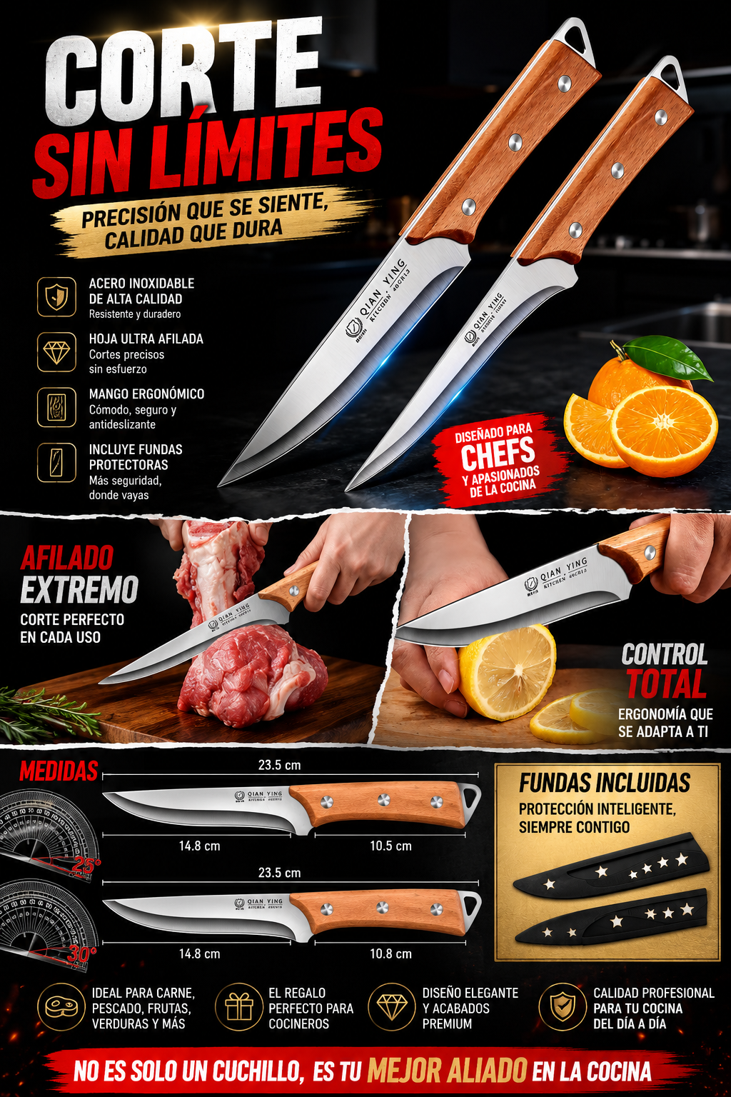 Cuchillos de Cocina Profesional de Acero Inoxidable con Funda | Ultra Afilado para Carne, Pescado, Frutas y Verduras