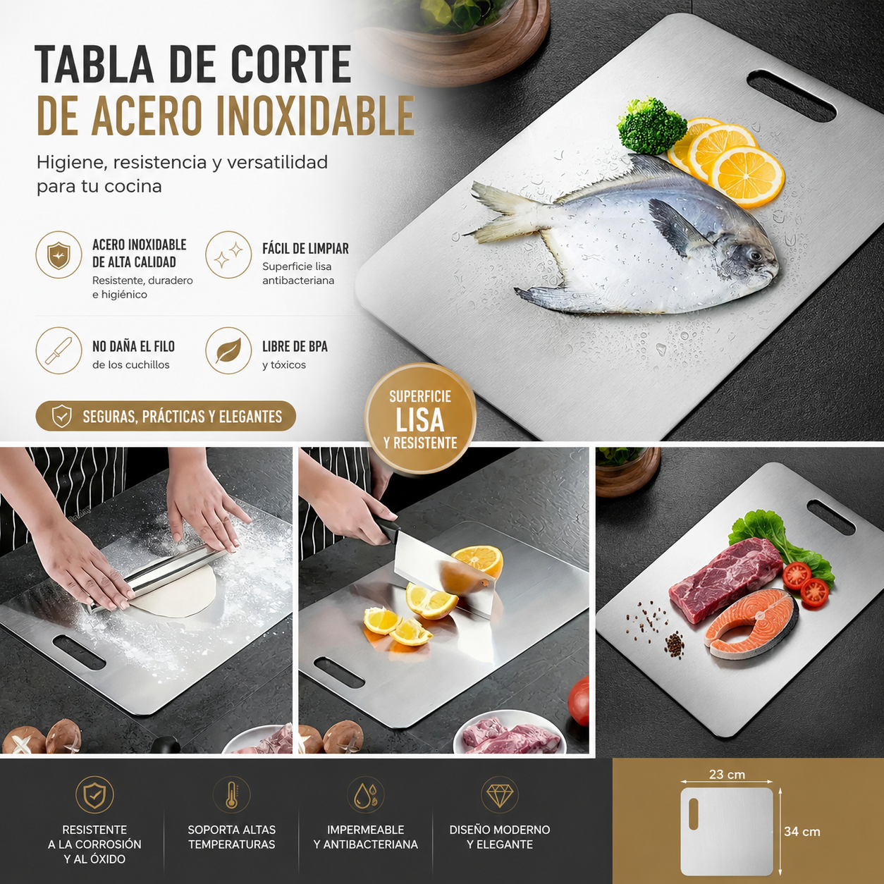 Juego de 2 Tablas de Corte de Acero Inoxidable – Antideslizantes, Resistentes y Sin BPA | Perfectas para Carne y Verduras