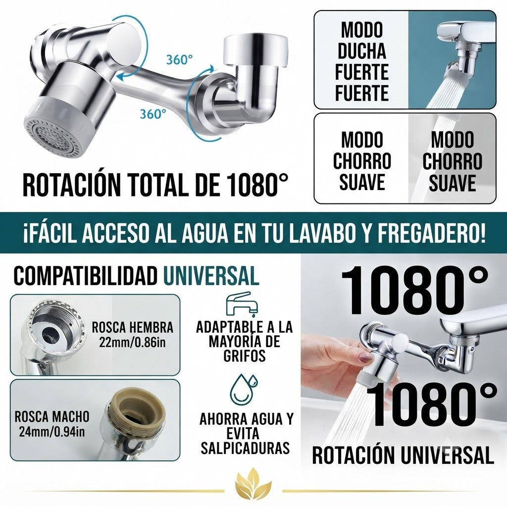 Cabezal de Grifo Giratorio 1080° | Universal y Antisalpicaduras
