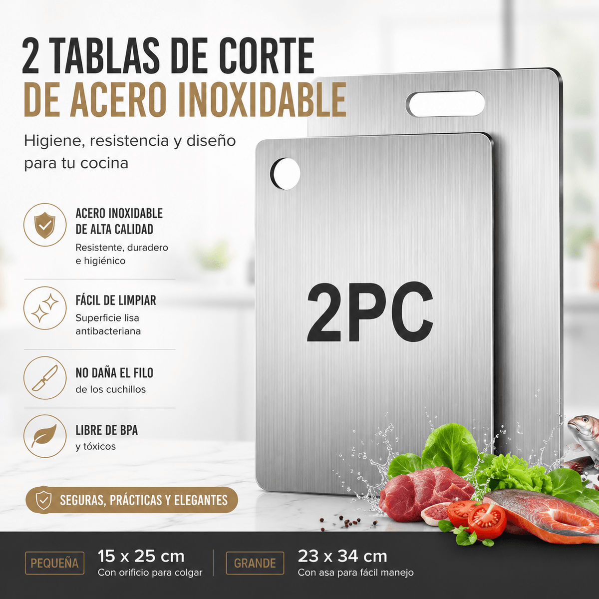 Juego de 2 Tablas de Corte de Acero Inoxidable – Antideslizantes, Resistentes y Sin BPA | Perfectas para Carne y Verduras - Inua Home