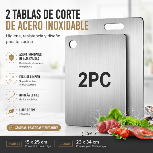 Juego de 2 Tablas de Corte de Acero Inoxidable – Antideslizantes, Resistentes y Sin BPA | Perfectas para Carne y Verduras - Inua Home