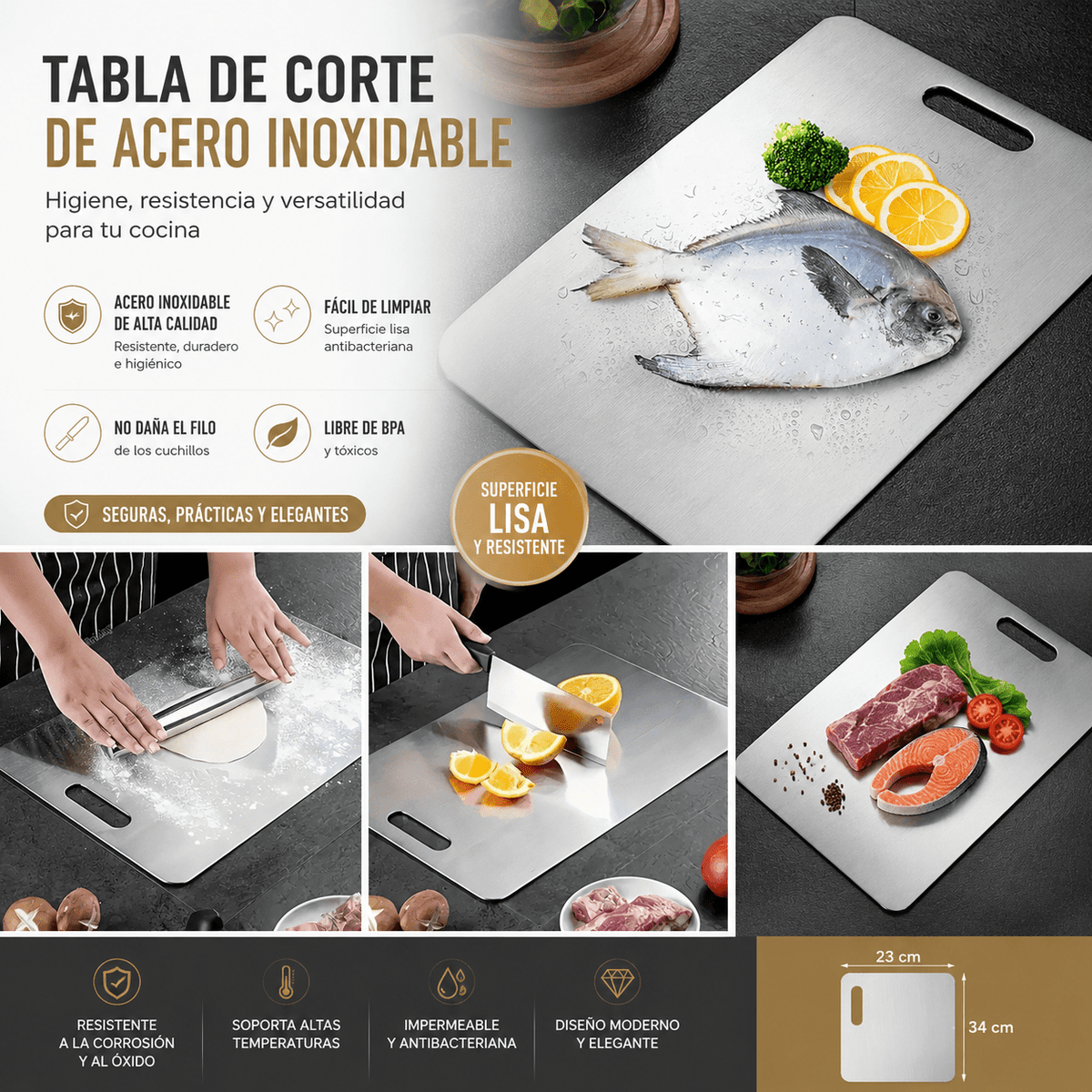 Juego de 2 Tablas de Corte de Acero Inoxidable – Antideslizantes, Resistentes y Sin BPA | Perfectas para Carne y Verduras - Inua Home