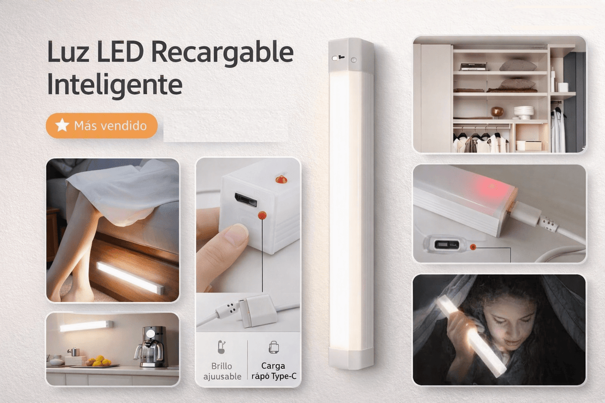 Lámpara LED con Sensor de Movimiento — Luz Nocturna Inalámbrica Recargable USB-C - Inua Home