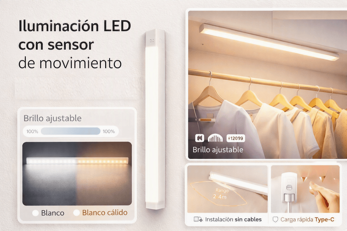 Lámpara LED con Sensor de Movimiento — Luz Nocturna Inalámbrica Recargable USB-C - Inua Home