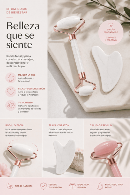 Set de Rodillo Facial + Gua Sha — Masaje Facial para Rostro, Cuello y Contorno de Ojos - Inua Home