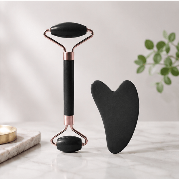 Set de Rodillo Facial + Gua Sha — Masaje Facial para Rostro, Cuello y Contorno de Ojos - Inua Home