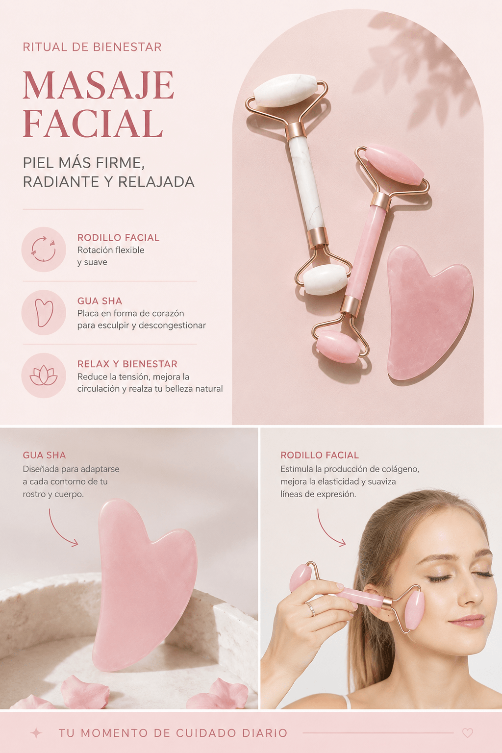 Set de Rodillo Facial + Gua Sha — Masaje Facial para Rostro, Cuello y Contorno de Ojos - Inua Home
