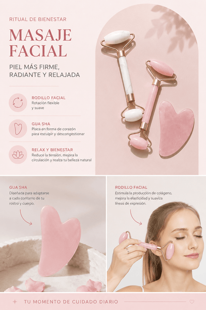 Set de Rodillo Facial + Gua Sha — Masaje Facial para Rostro, Cuello y Contorno de Ojos - Inua Home